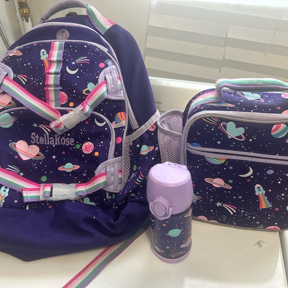 Pottery barn kids McKenzie backpack, lunchbox and water bottle in purple galaxy